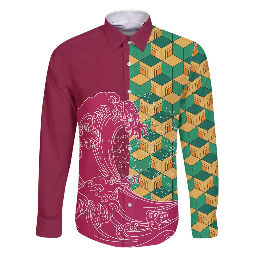 Japanese Bishamon-Kikkou Pattern Family Matching Off Shoulder Short Dress and Hawaiian Shirt Water Pillar Silent River Flow - Polynesian Pride