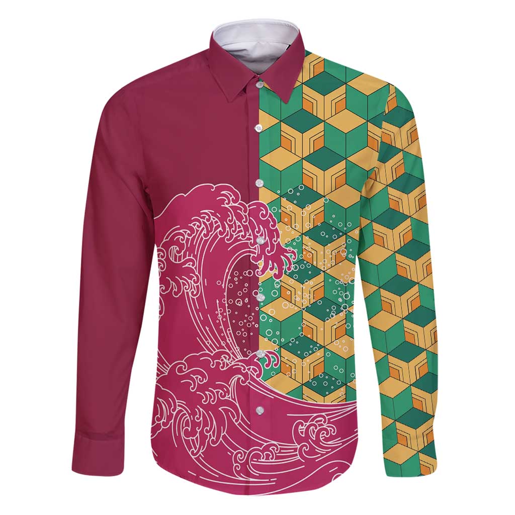 Japanese Bishamon-Kikkou Pattern Family Matching Puletasi and Hawaiian Shirt Water Pillar Silent River Flow - Polynesian Pride