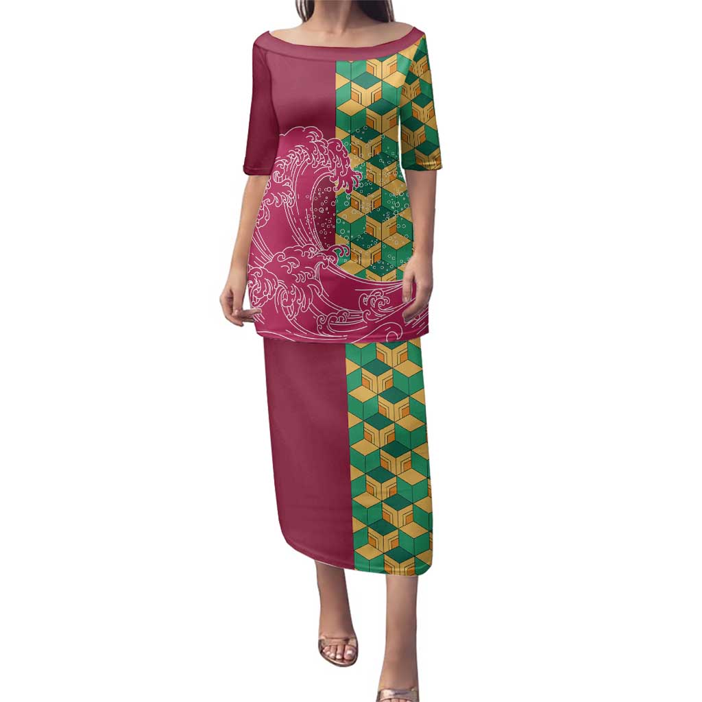 Japanese Bishamon-Kikkou Pattern Family Matching Puletasi and Hawaiian Shirt Water Pillar Silent River Flow - Polynesian Pride