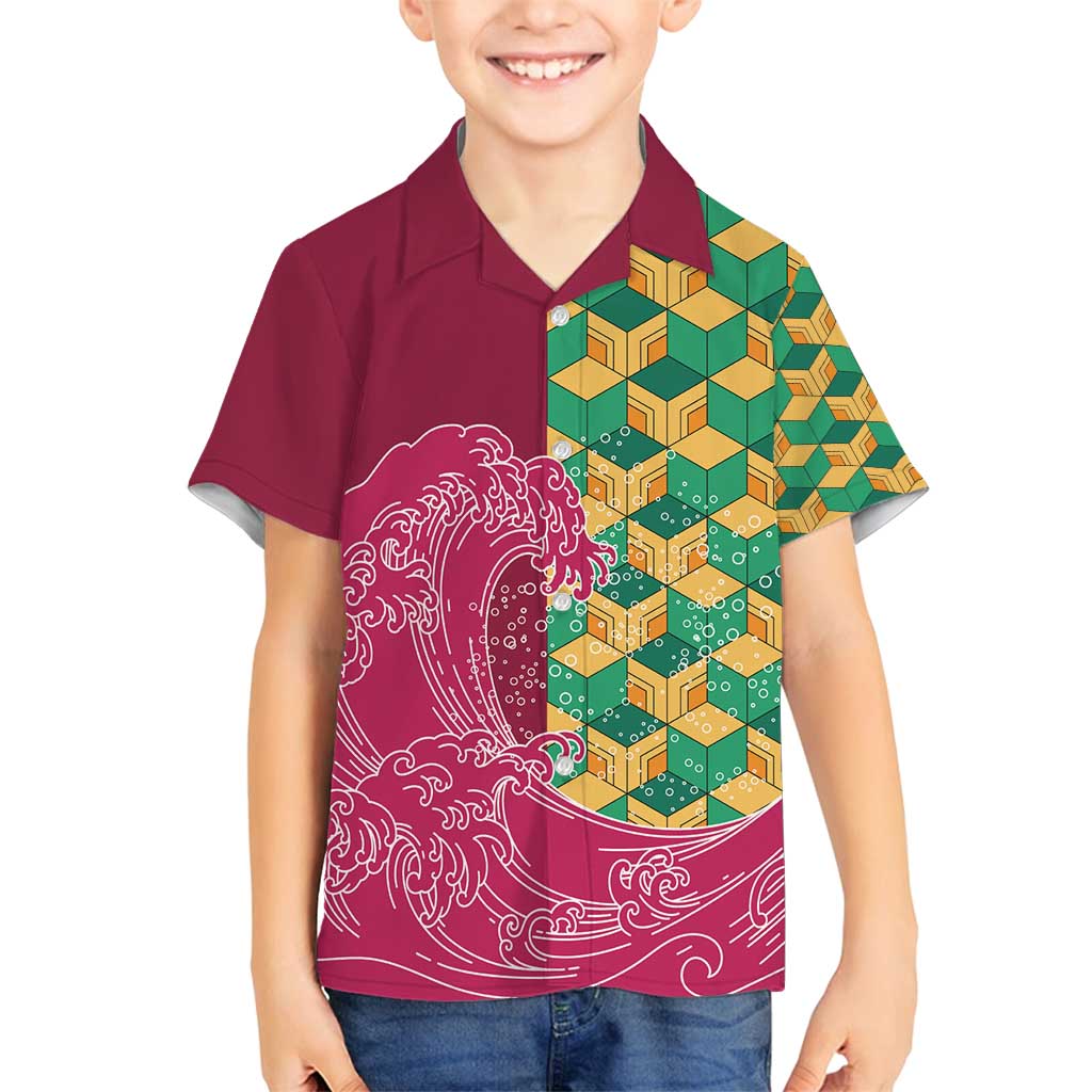 Japanese Bishamon-Kikkou Pattern Family Matching Puletasi and Hawaiian Shirt Water Pillar Silent River Flow - Polynesian Pride