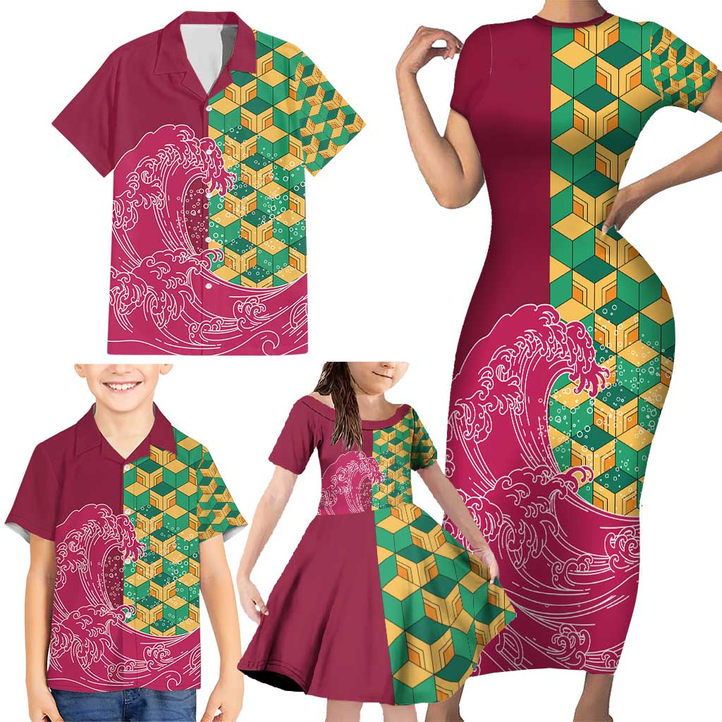 Japanese Bishamon-Kikkou Pattern Family Matching Short Sleeve Bodycon Dress and Hawaiian Shirt Water Pillar Silent River Flow - Polynesian Pride