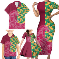 Japanese Bishamon-Kikkou Pattern Family Matching Short Sleeve Bodycon Dress and Hawaiian Shirt Water Pillar Silent River Flow - Polynesian Pride