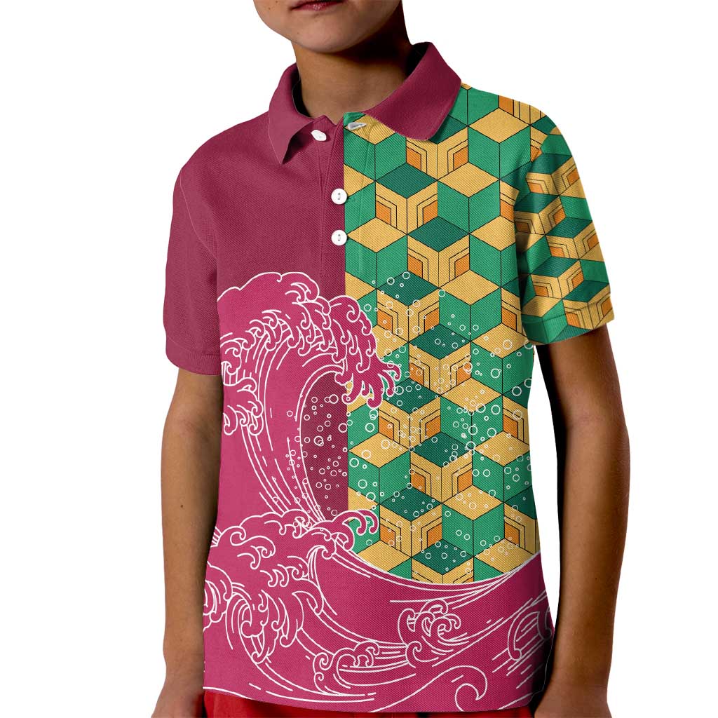 Japanese Bishamon-Kikkou Pattern Kid Polo Shirt Water Pillar Silent River Flow LT9 Kid Burgundy - Polynesian Pride