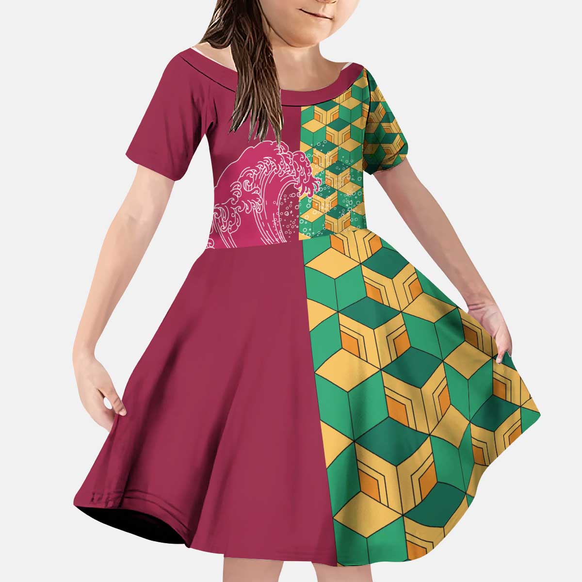 Japanese Bishamon-Kikkou Pattern Kid Short Sleeve Dress Water Pillar Silent River Flow LT9 KID Burgundy - Polynesian Pride