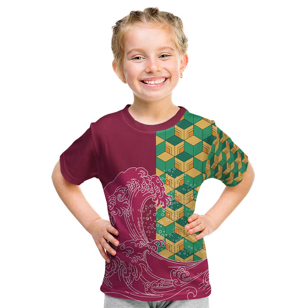 Japanese Bishamon-Kikkou Pattern Kid T Shirt Water Pillar Silent River Flow - Polynesian Pride