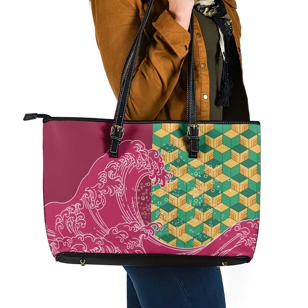 Japanese Bishamon-Kikkou Pattern Leather Tote Bag Water Pillar Silent River Flow - Polynesian Pride