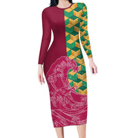 Japanese Bishamon-Kikkou Pattern Long Sleeve Bodycon Dress Water Pillar Silent River Flow - Polynesian Pride
