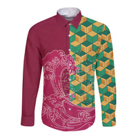 Japanese Bishamon-Kikkou Pattern Long Sleeve Button Shirt Water Pillar Silent River Flow - Polynesian Pride