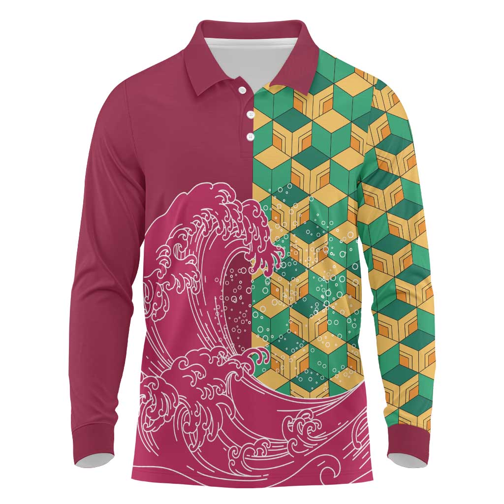 Japanese Bishamon-Kikkou Pattern Long Sleeve Polo Shirt Water Pillar Silent River Flow LT9 Burgundy - Polynesian Pride