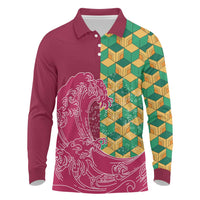 Japanese Bishamon-Kikkou Pattern Long Sleeve Polo Shirt Water Pillar Silent River Flow LT9 Burgundy - Polynesian Pride