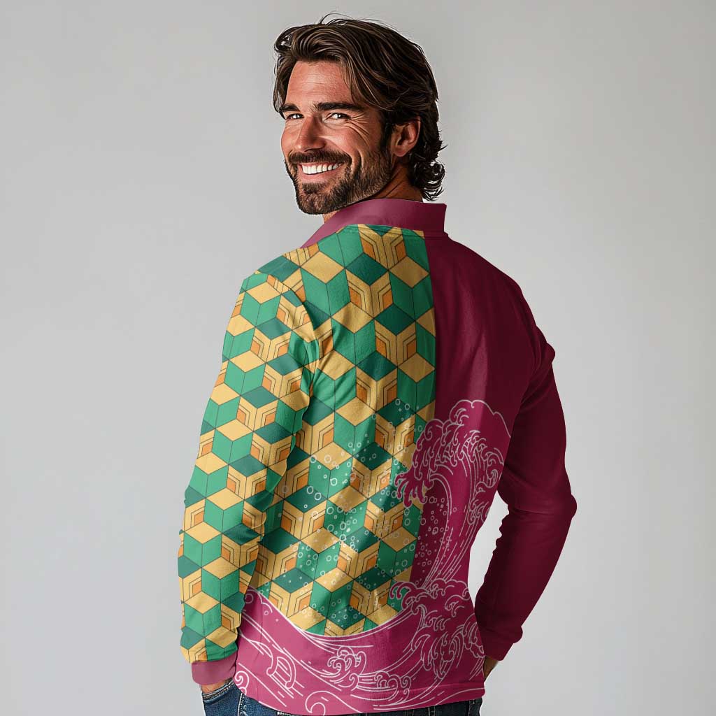 Japanese Bishamon-Kikkou Pattern Long Sleeve Polo Shirt Water Pillar Silent River Flow LT9 - Polynesian Pride