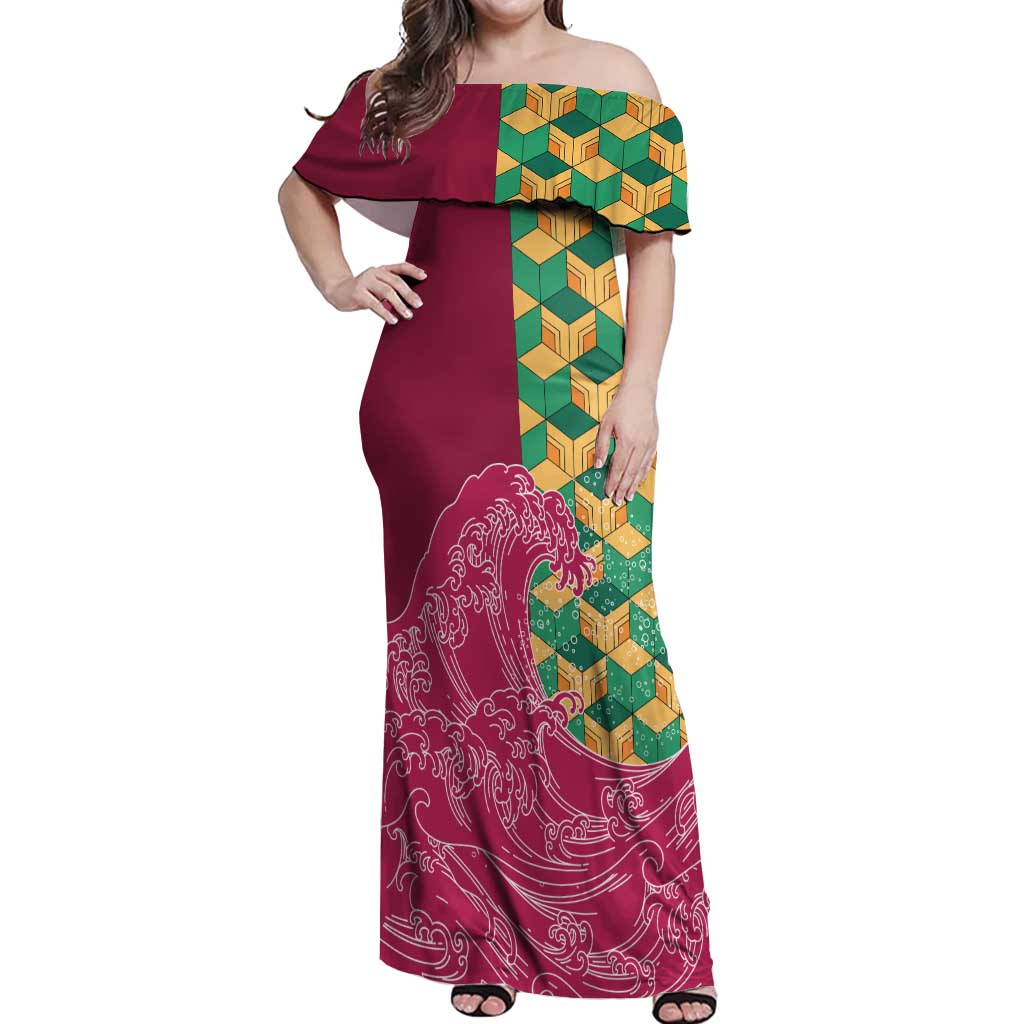 Japanese Bishamon-Kikkou Pattern Off Shoulder Maxi Dress Water Pillar Silent River Flow LT9 Women Burgundy - Polynesian Pride