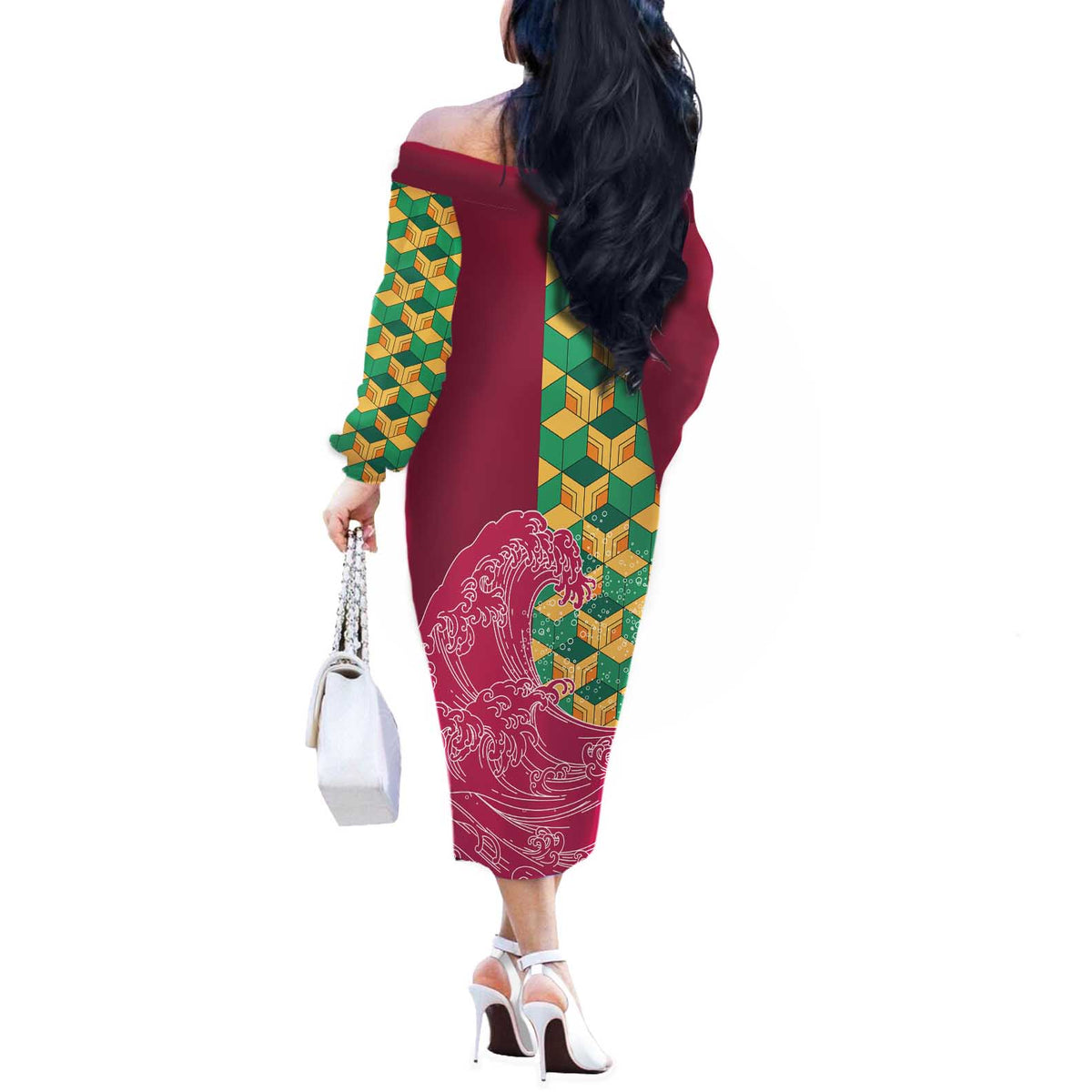 Japanese Bishamon-Kikkou Pattern Off The Shoulder Long Sleeve Dress Water Pillar Silent River Flow - Polynesian Pride