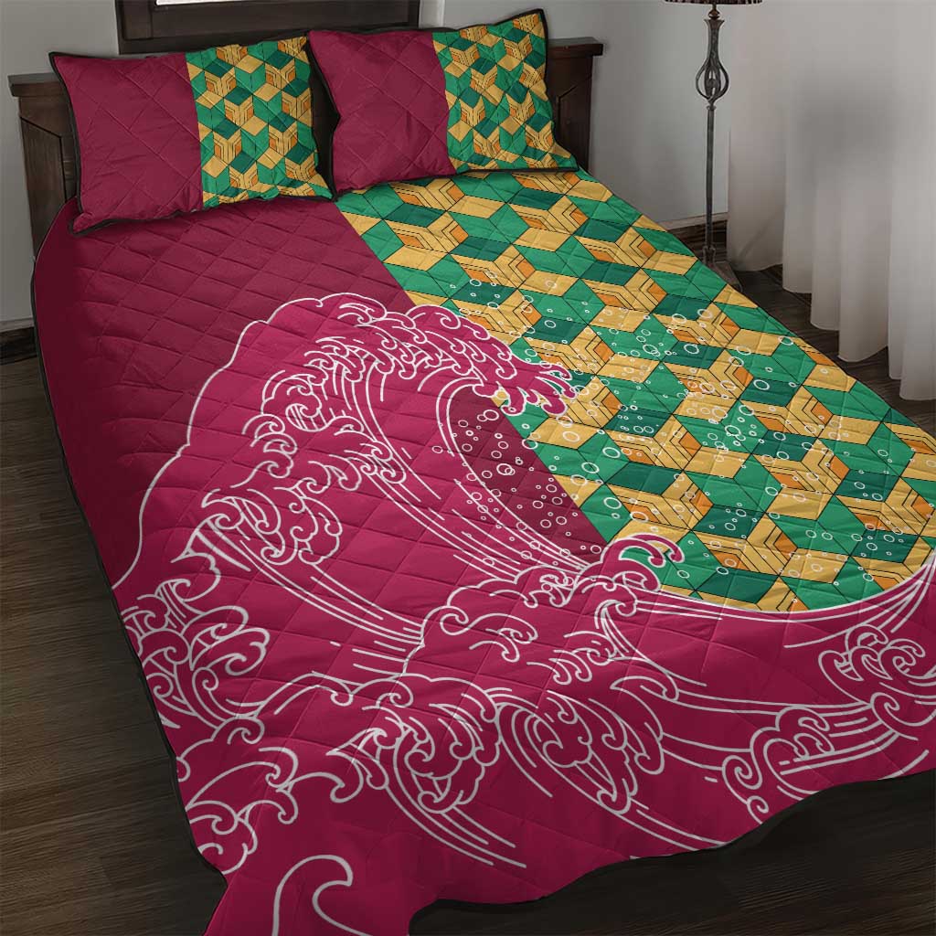 Japanese Bishamon-Kikkou Pattern Quilt Bed Set Water Pillar Silent River Flow - Polynesian Pride