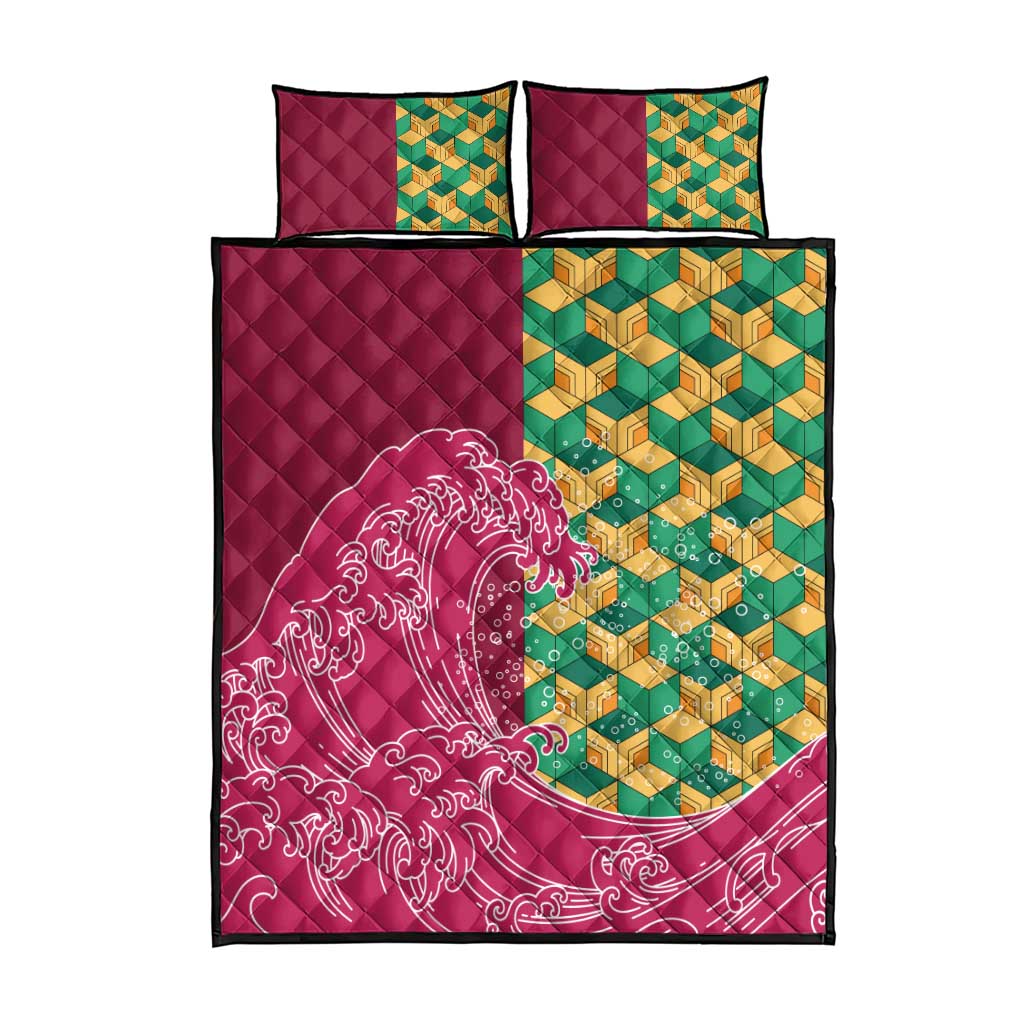 Japanese Bishamon-Kikkou Pattern Quilt Bed Set Water Pillar Silent River Flow - Polynesian Pride