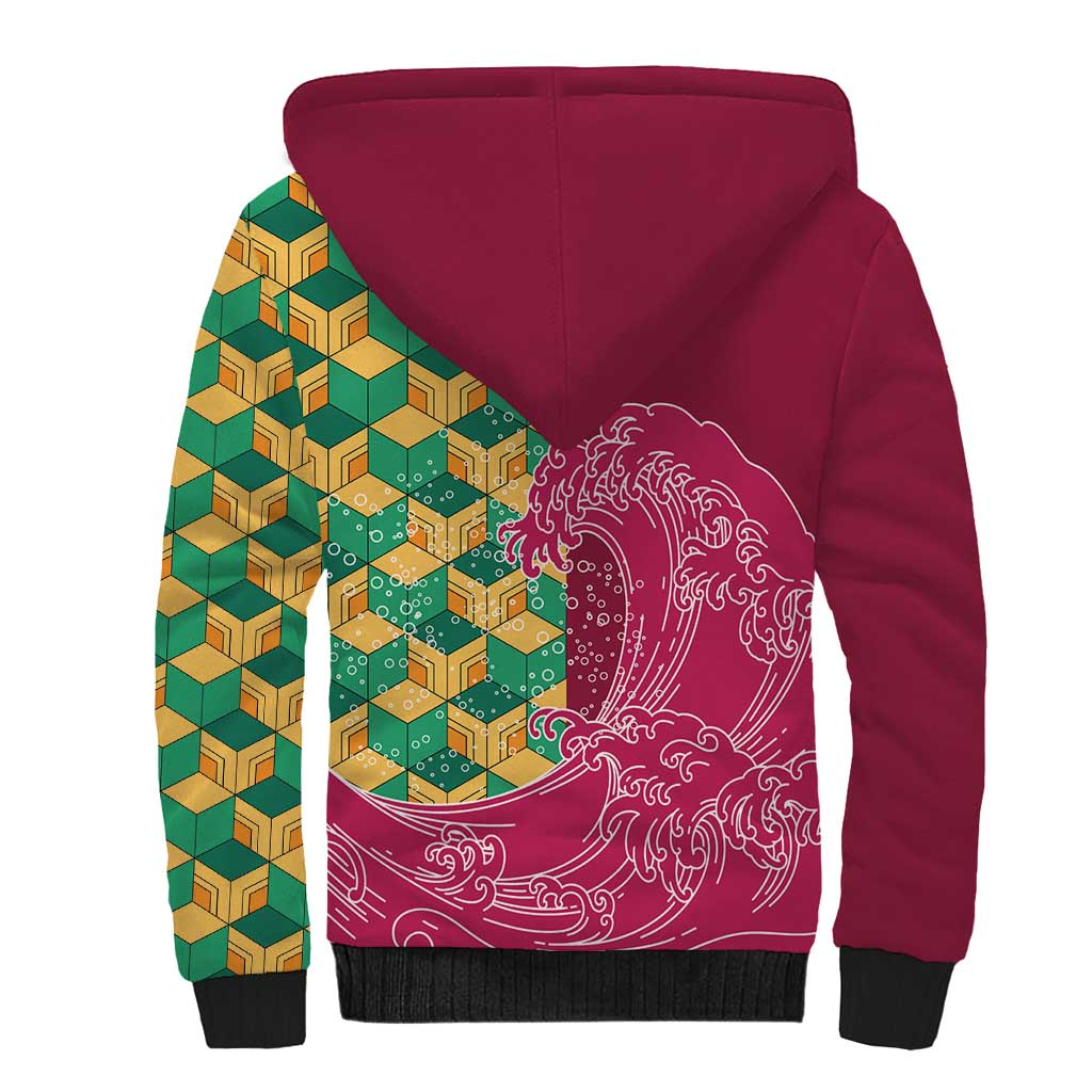 Japanese Bishamon-Kikkou Pattern Sherpa Hoodie Water Pillar Silent River Flow - Polynesian Pride