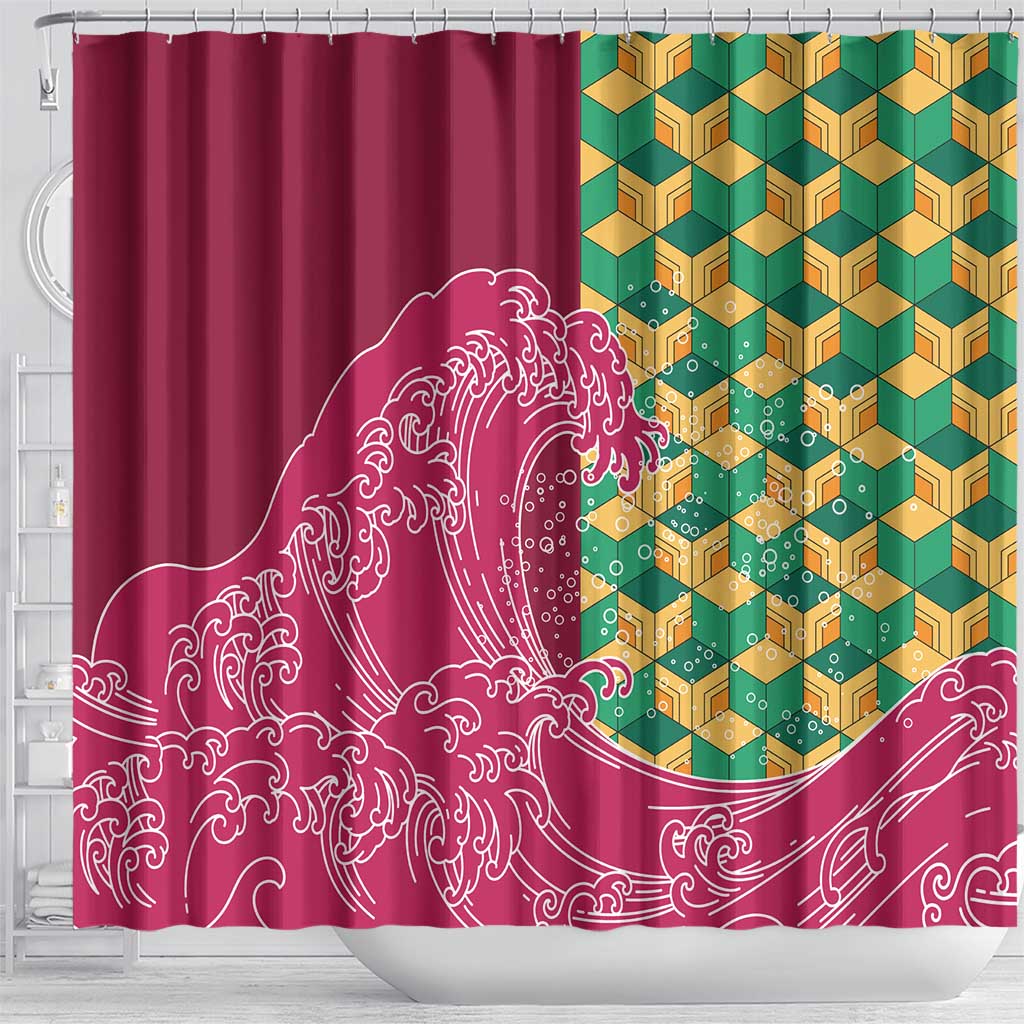 Japanese Bishamon-Kikkou Pattern Shower Curtain Water Pillar Silent River Flow - Polynesian Pride