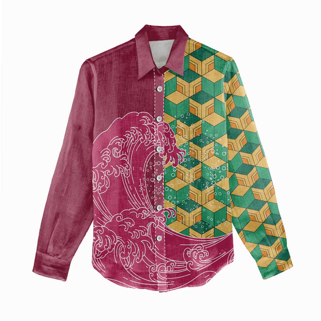 Japanese Bishamon-Kikkou Pattern Women Casual Shirt Water Pillar Silent River Flow - Polynesian Pride