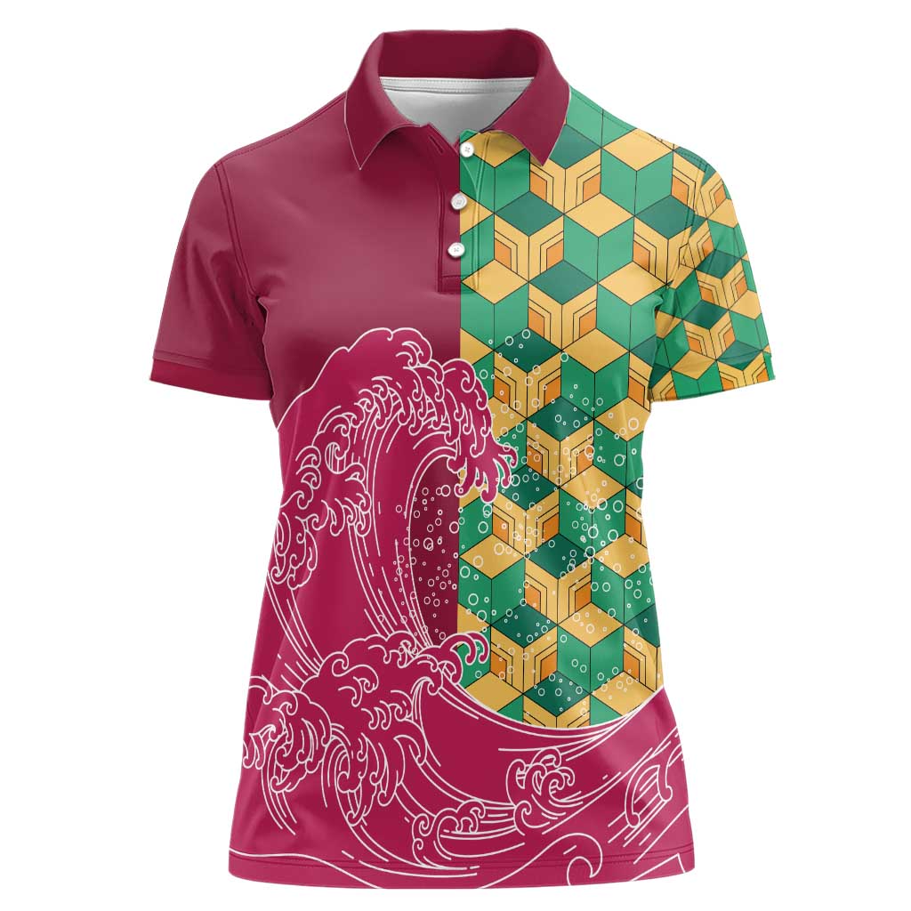 Japanese Bishamon-Kikkou Pattern Women Polo Shirt Water Pillar Silent River Flow LT9 Female Burgundy - Polynesian Pride