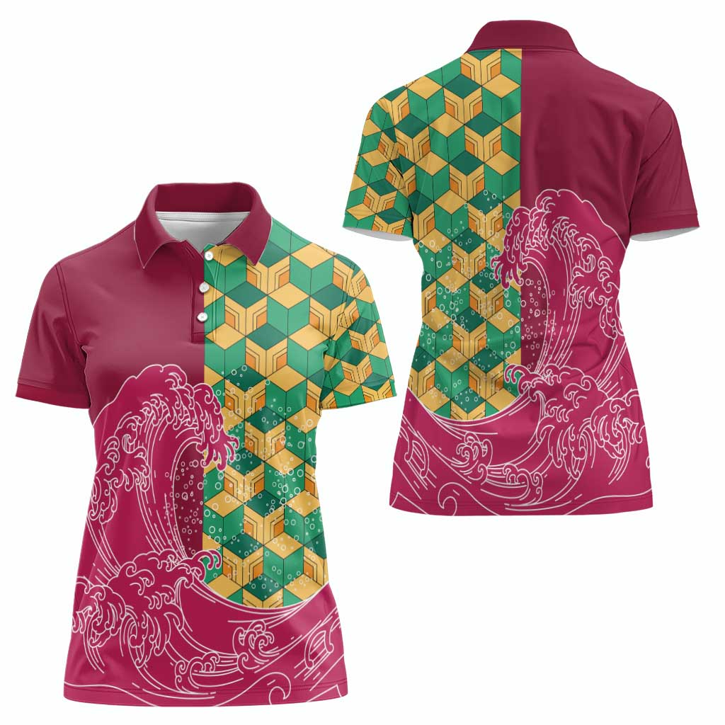 Japanese Bishamon-Kikkou Pattern Women Polo Shirt Water Pillar Silent River Flow LT9 - Polynesian Pride