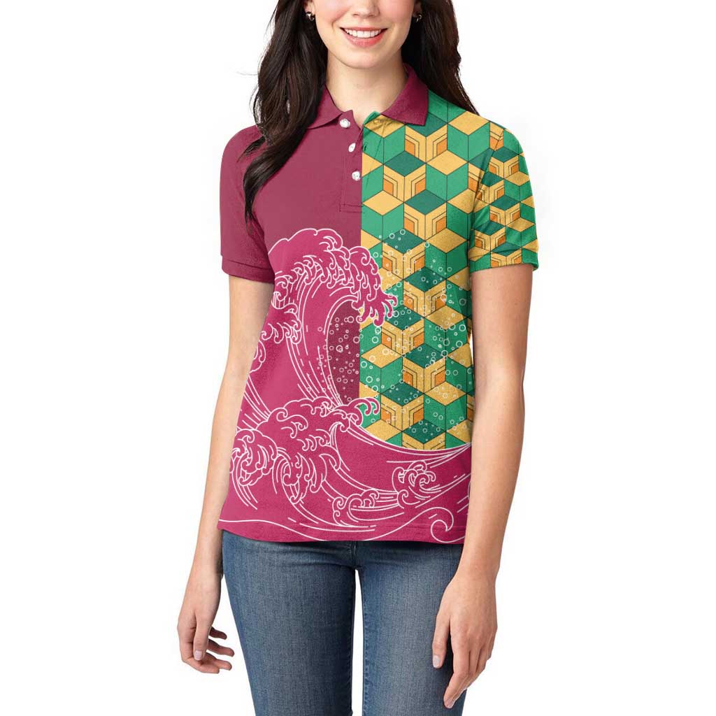 Japanese Bishamon-Kikkou Pattern Women Polo Shirt Water Pillar Silent River Flow LT9 - Polynesian Pride