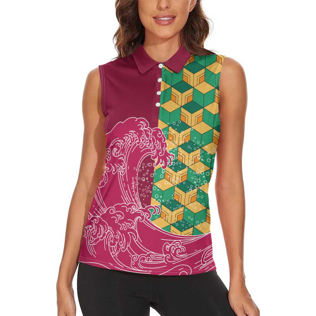 Japanese Bishamon-Kikkou Pattern Women Sleeveless Polo Shirt Water Pillar Silent River Flow - Polynesian Pride