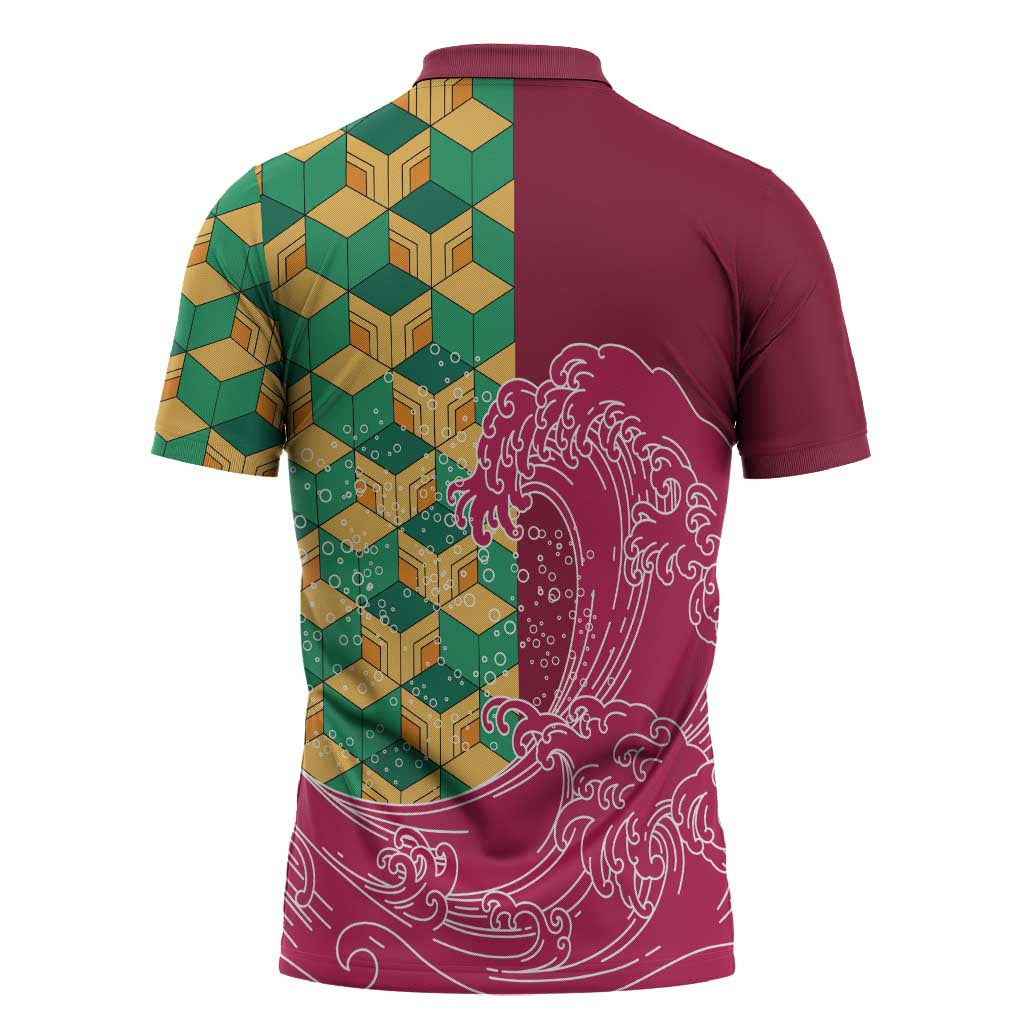 Japanese Bishamon-Kikkou Pattern Zipper Polo Shirt Water Pillar Silent River Flow LT9 - Polynesian Pride