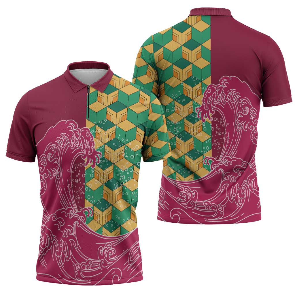Japanese Bishamon-Kikkou Pattern Zipper Polo Shirt Water Pillar Silent River Flow LT9 - Polynesian Pride