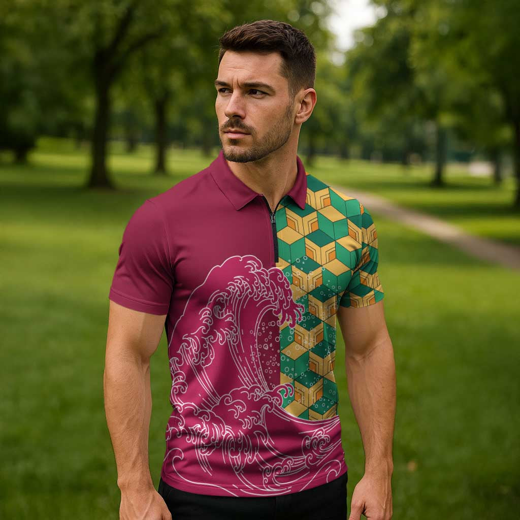 Japanese Bishamon-Kikkou Pattern Zipper Polo Shirt Water Pillar Silent River Flow LT9 - Polynesian Pride