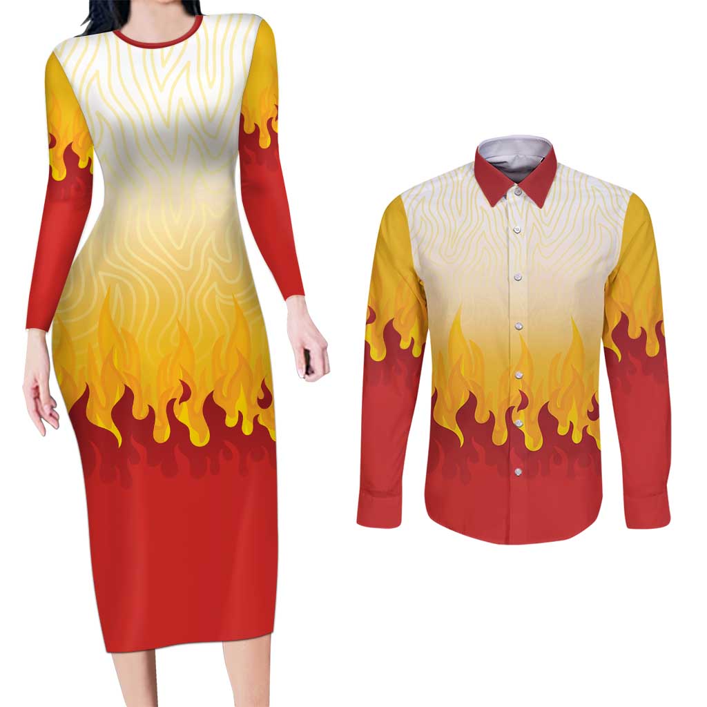 Japanese Kaen Pattern Couples Matching Long Sleeve Bodycon Dress and Long Sleeve Button Shirt Flame Pillar Blazing Lion Heart LT9 Red - Polynesian Pride