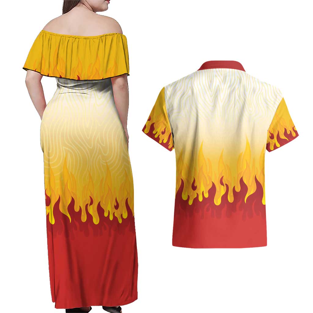 Japanese Kaen Pattern Couples Matching Off Shoulder Maxi Dress and Hawaiian Shirt Flame Pillar Blazing Lion Heart - Polynesian Pride