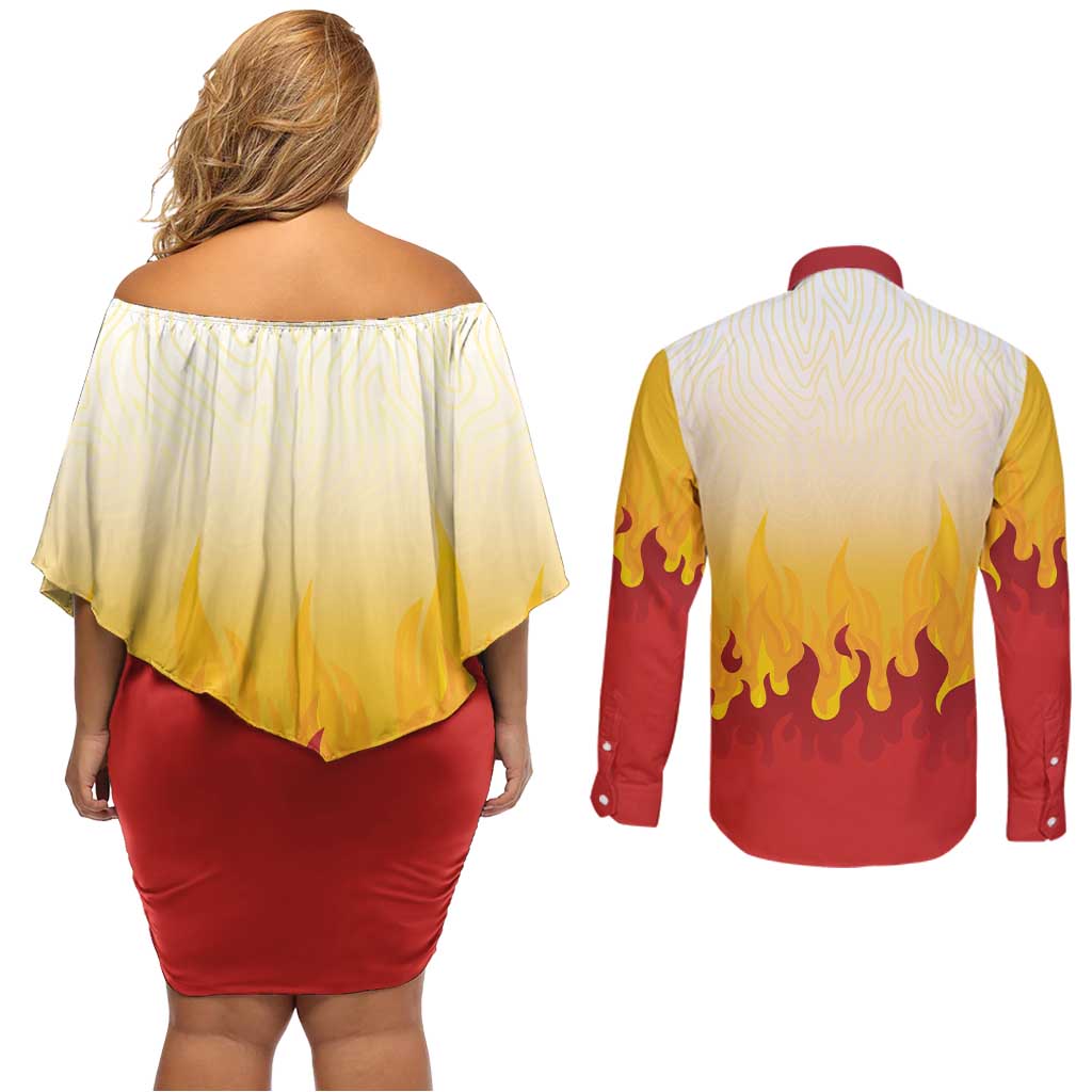 Japanese Kaen Pattern Couples Matching Off Shoulder Short Dress and Long Sleeve Button Shirt Flame Pillar Blazing Lion Heart LT9 - Polynesian Pride