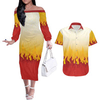 Japanese Kaen Pattern Couples Matching Off The Shoulder Long Sleeve Dress and Hawaiian Shirt Flame Pillar Blazing Lion Heart - Polynesian Pride