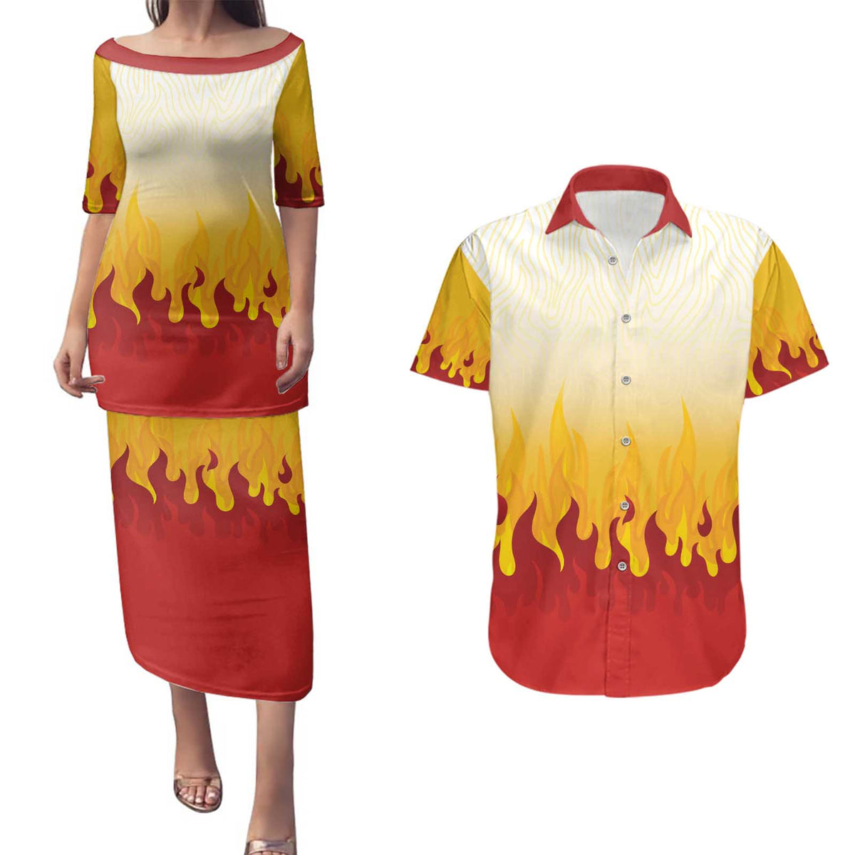 Japanese Kaen Pattern Couples Matching Puletasi and Hawaiian Shirt Flame Pillar Blazing Lion Heart - Polynesian Pride