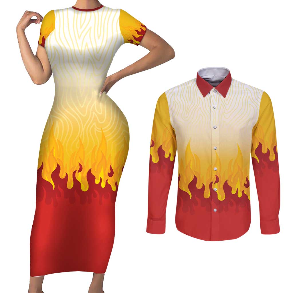 Japanese Kaen Pattern Couples Matching Short Sleeve Bodycon Dress and Long Sleeve Button Shirt Flame Pillar Blazing Lion Heart LT9 Red - Polynesian Pride