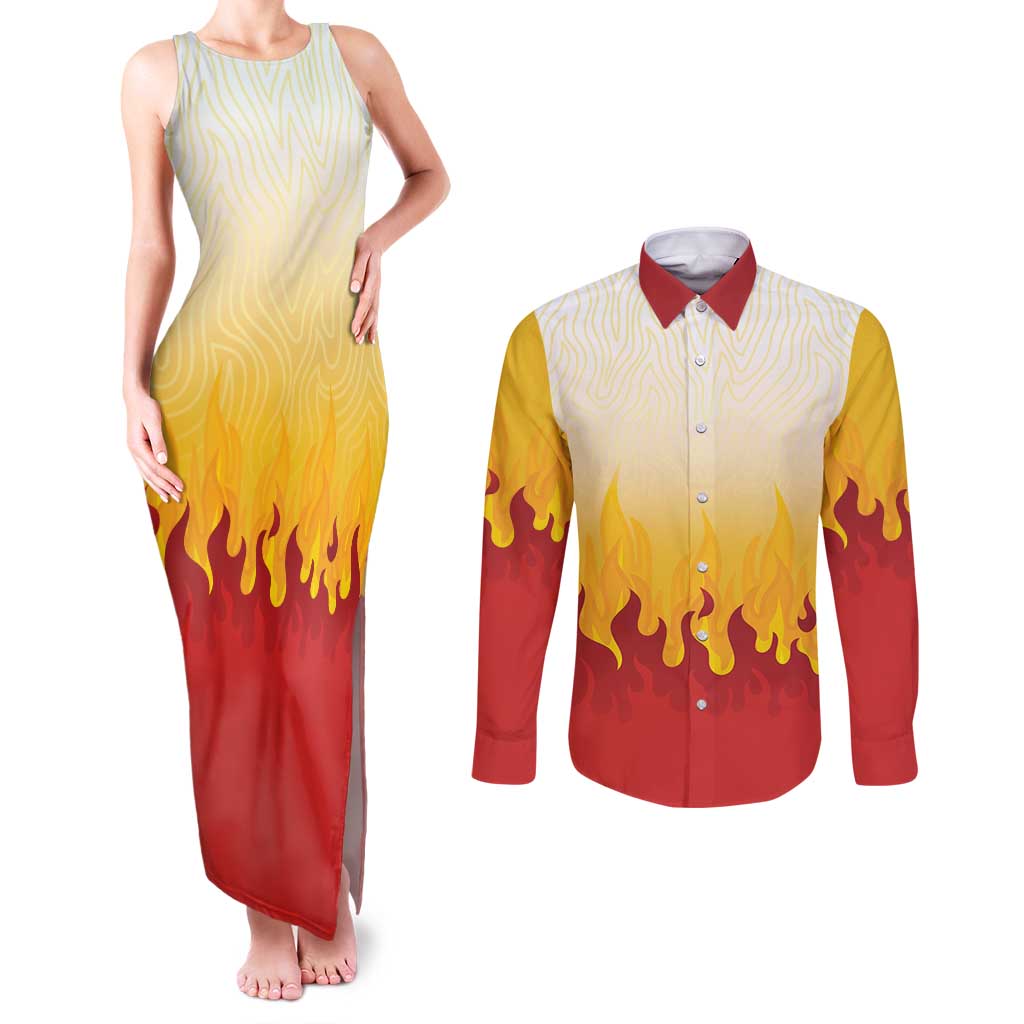 Japanese Kaen Pattern Couples Matching Tank Maxi Dress and Long Sleeve Button Shirt Flame Pillar Blazing Lion Heart LT9 Red - Polynesian Pride