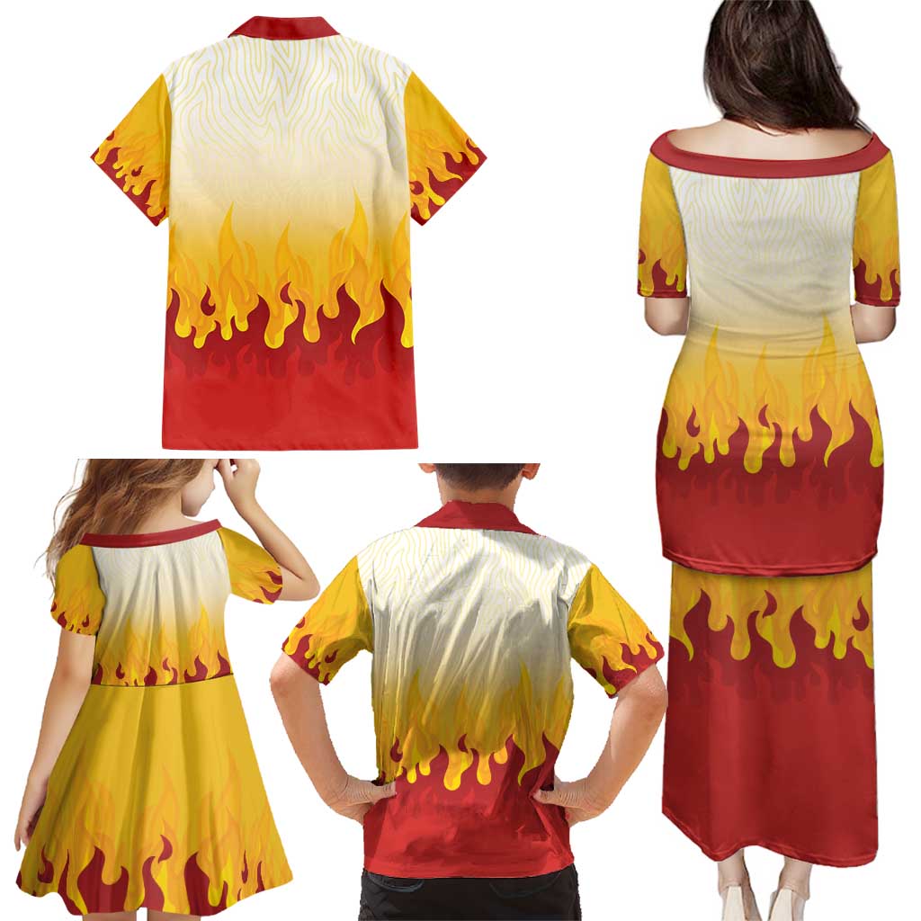 Japanese Kaen Pattern Family Matching Puletasi and Hawaiian Shirt Flame Pillar Blazing Lion Heart - Polynesian Pride