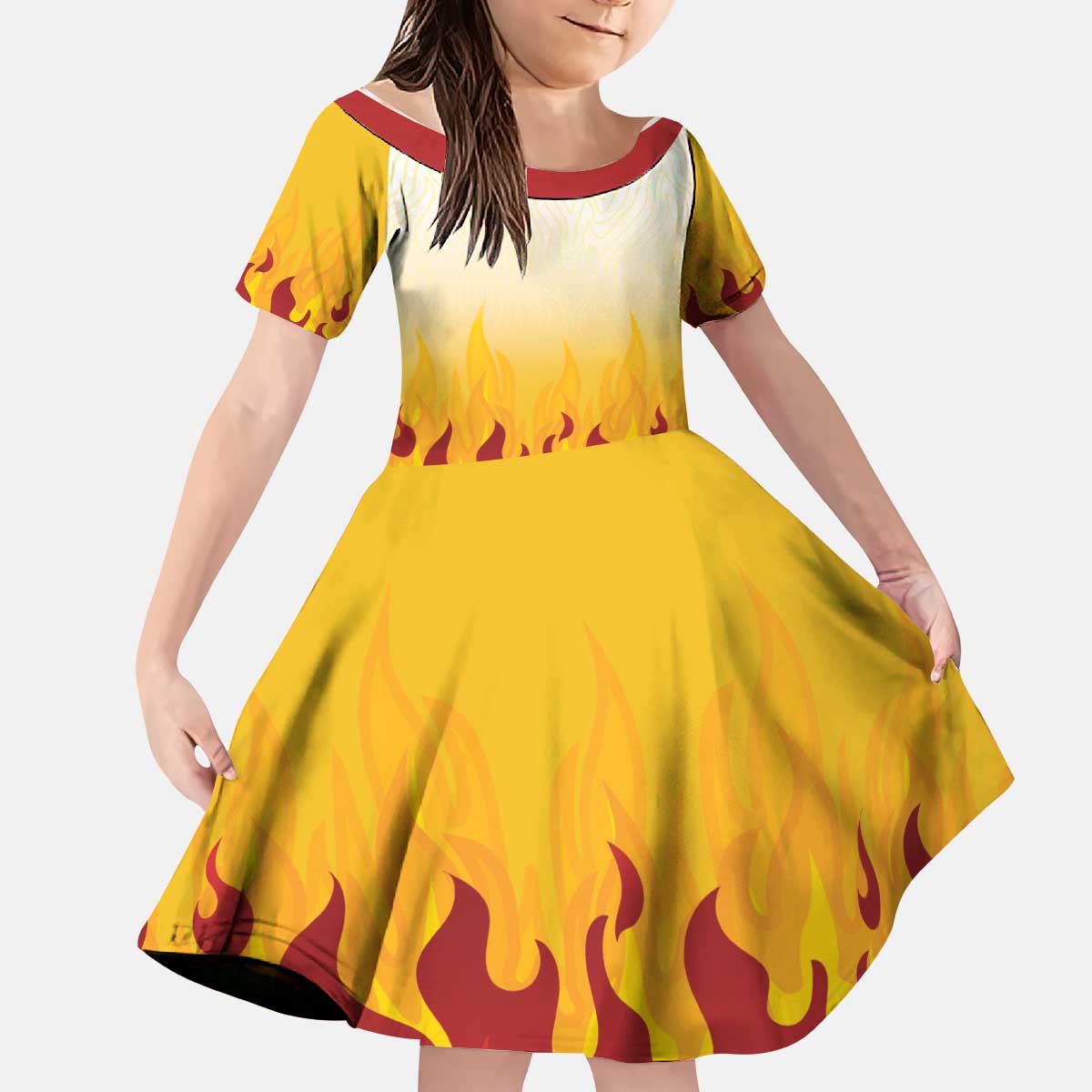 Japanese Kaen Pattern Kid Short Sleeve Dress Flame Pillar Blazing Lion Heart LT9 KID Red - Polynesian Pride