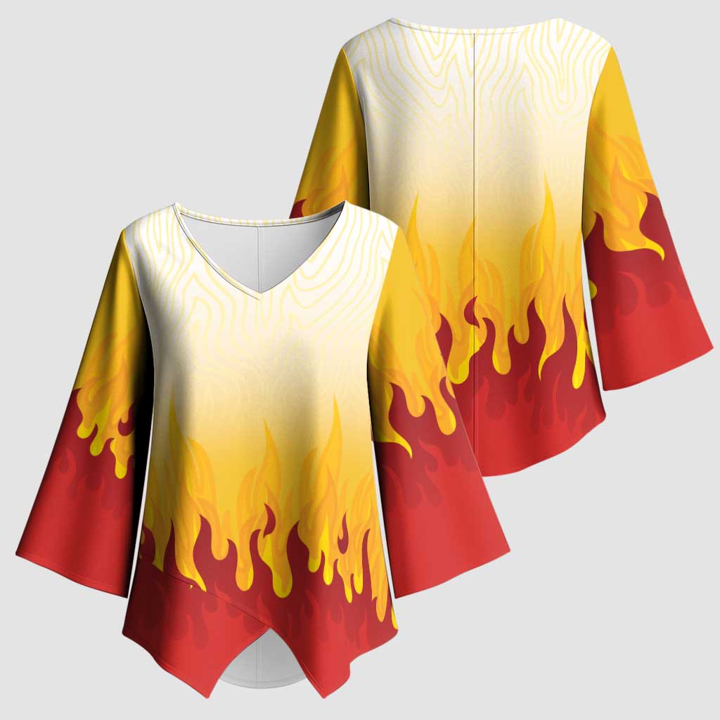Japanese Kaen Pattern Kimono Sleeve Blouse Flame Pillar Blazing Lion Heart - Polynesian Pride