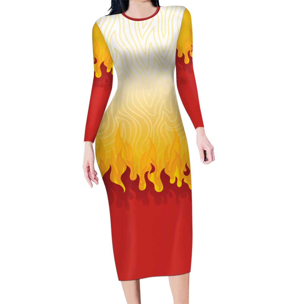Japanese Kaen Pattern Long Sleeve Bodycon Dress Flame Pillar Blazing Lion Heart - Polynesian Pride