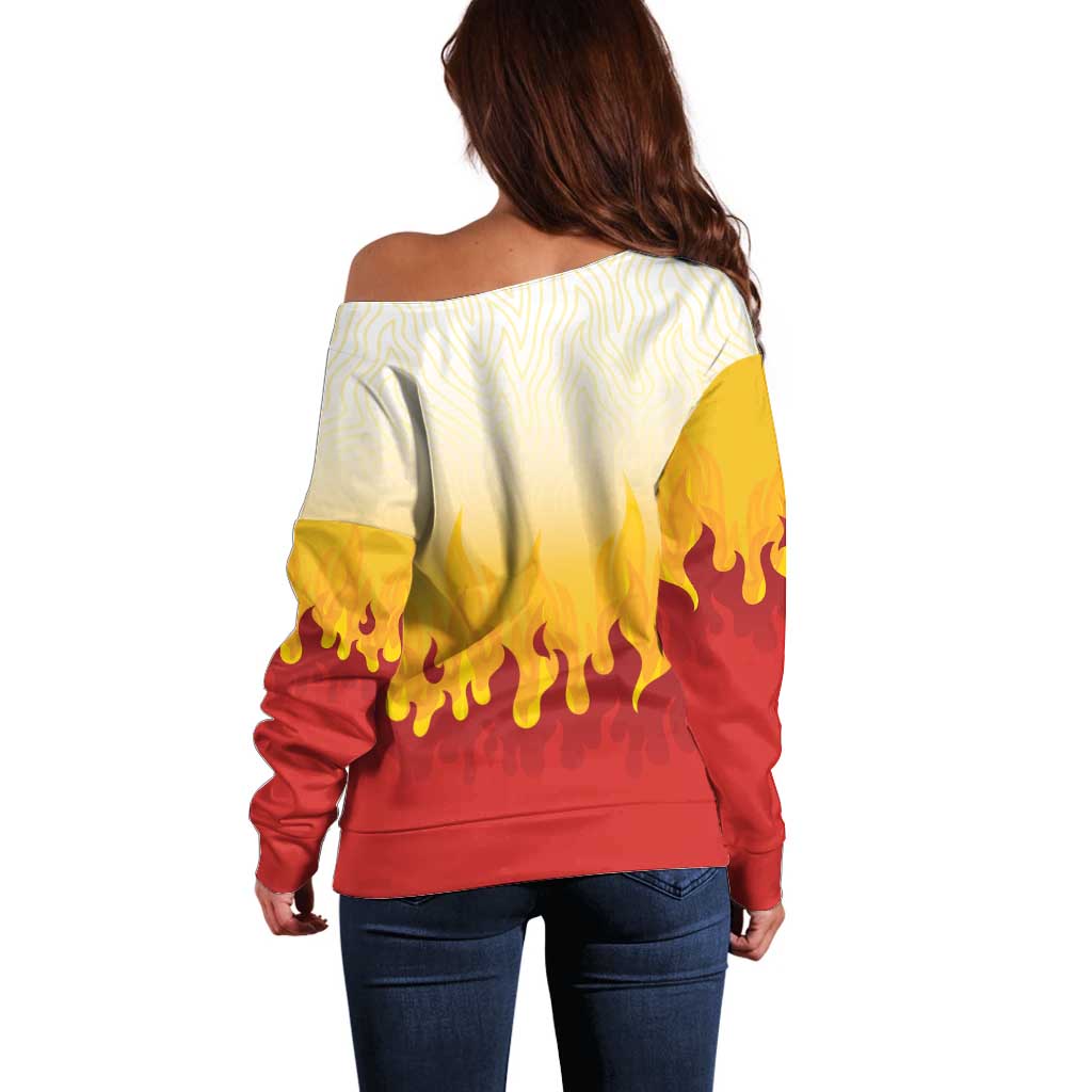 Japanese Kaen Pattern Off Shoulder Sweater Flame Pillar Blazing Lion Heart - Polynesian Pride