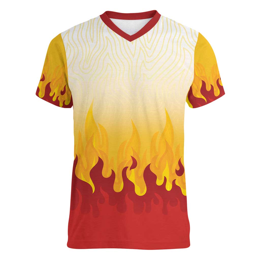 Japanese Kaen Pattern Women V-Neck T-Shirt Flame Pillar Blazing Lion Heart - Polynesian Pride