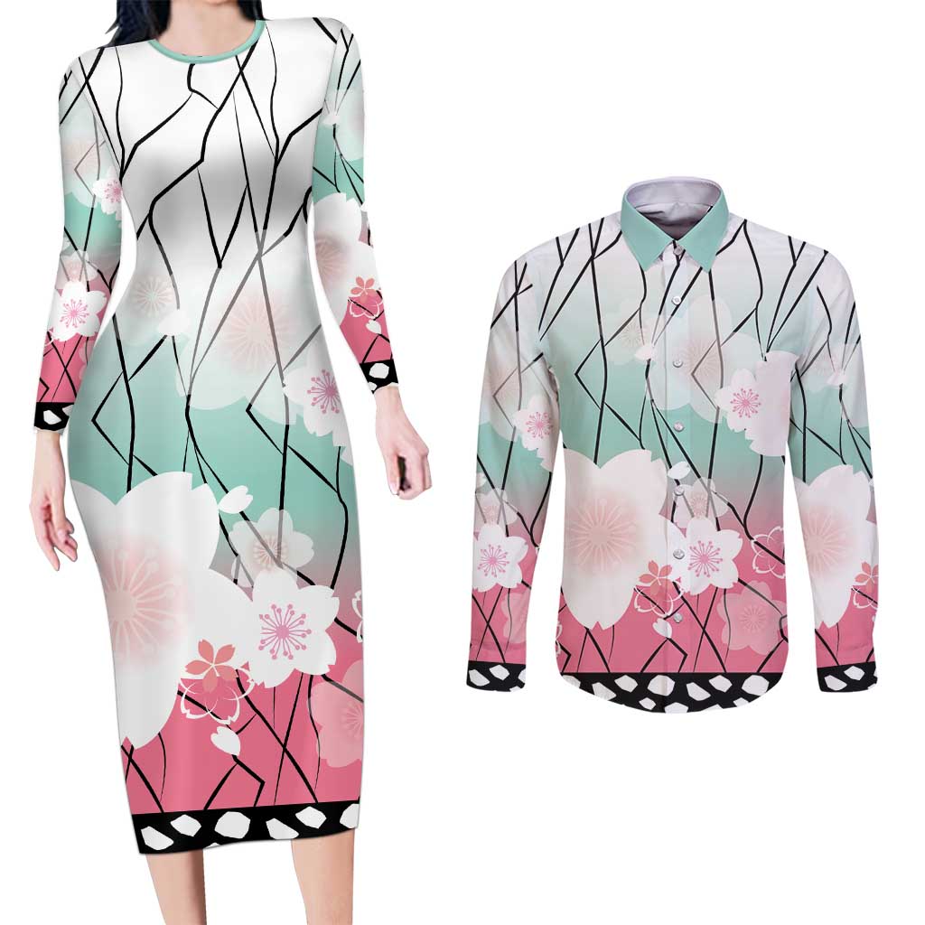 Japanese Kocho Pattern Couples Matching Long Sleeve Bodycon Dress and Long Sleeve Button Shirt Insect Pillar Butterfly Flower Fairy LT9 Pink - Polynesian Pride