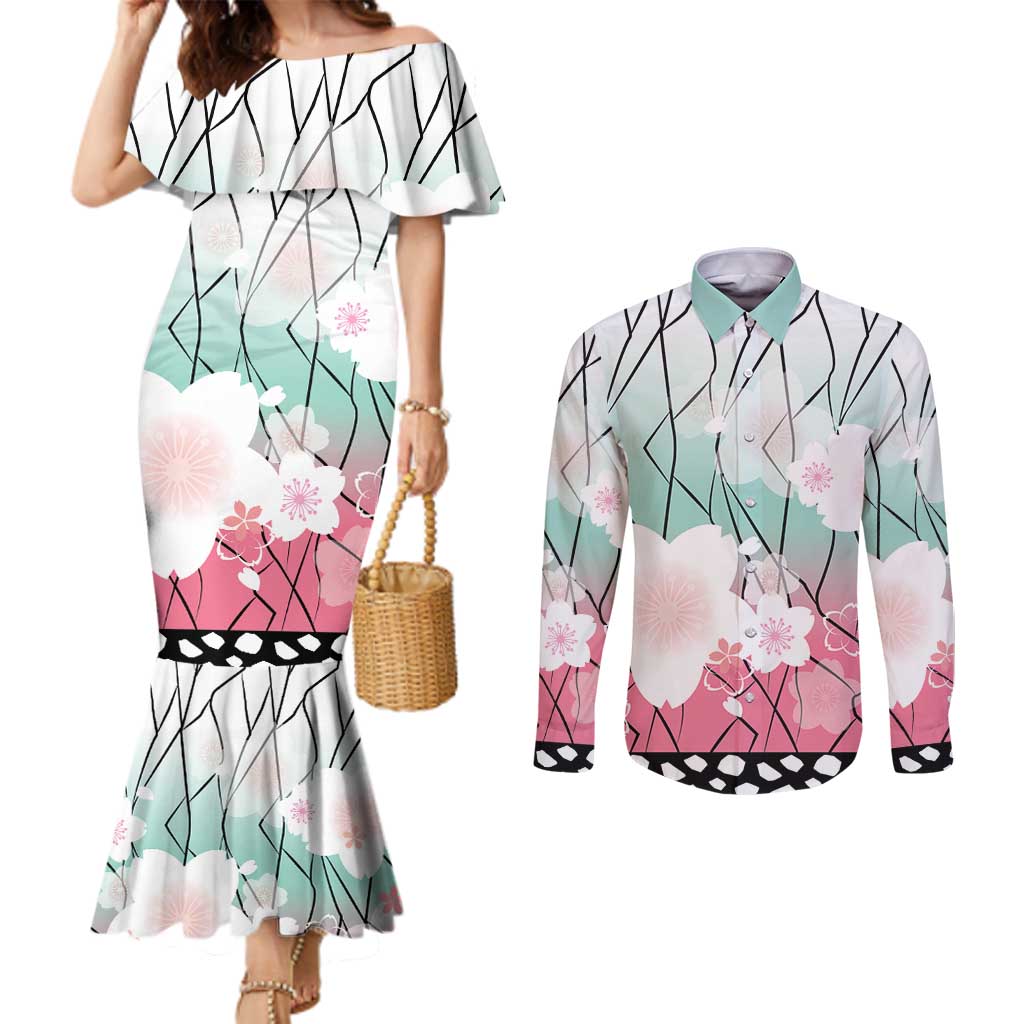 Japanese Kocho Pattern Couples Matching Mermaid Dress and Long Sleeve Button Shirt Insect Pillar Butterfly Flower Fairy LT9 Pink - Polynesian Pride