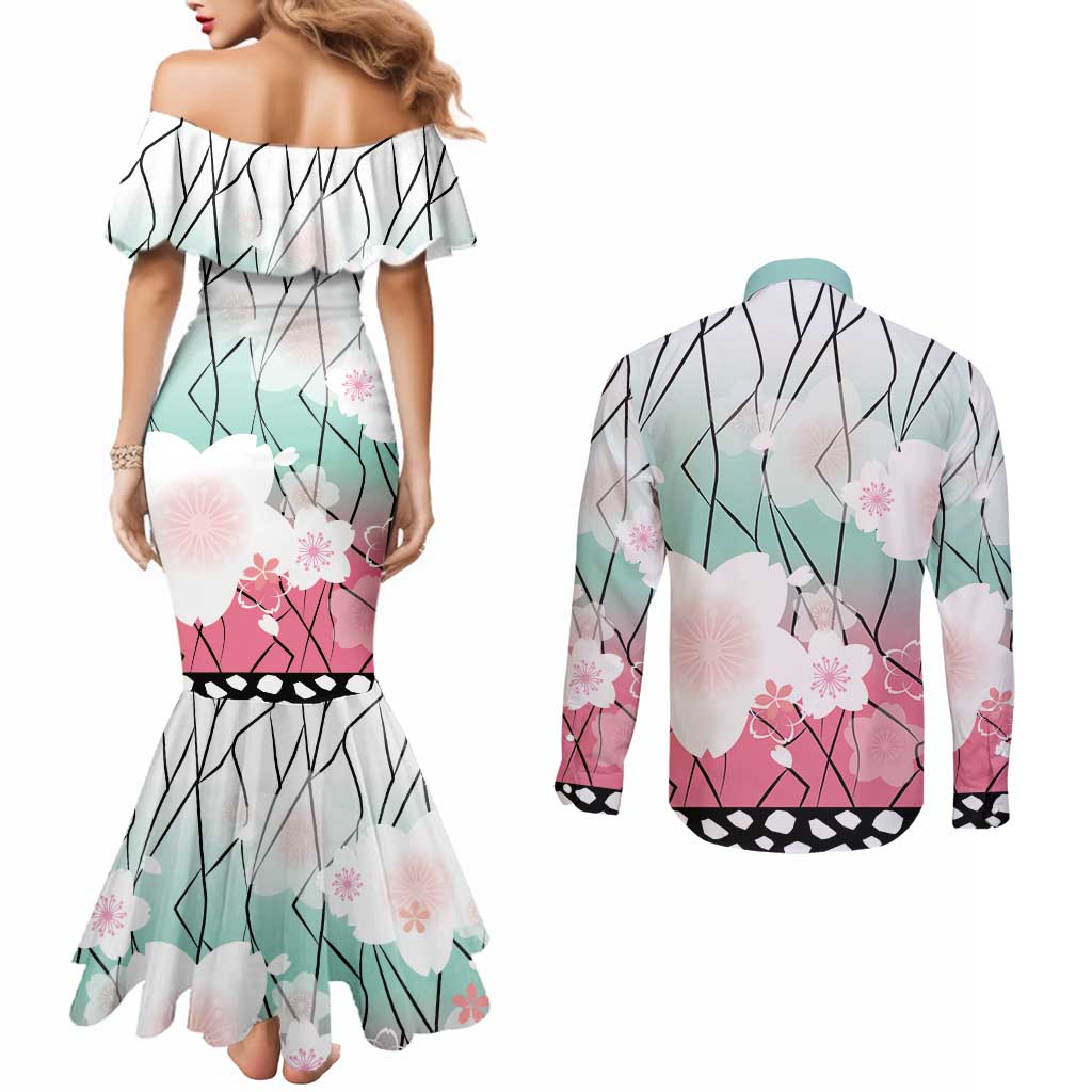 Japanese Kocho Pattern Couples Matching Mermaid Dress and Long Sleeve Button Shirt Insect Pillar Butterfly Flower Fairy LT9 - Polynesian Pride