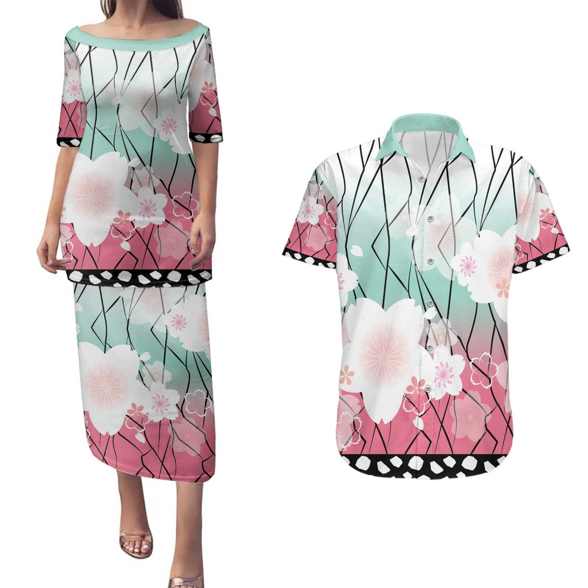 Japanese Kocho Pattern Couples Matching Puletasi and Hawaiian Shirt Insect Pillar Butterfly Flower Fairy - Polynesian Pride