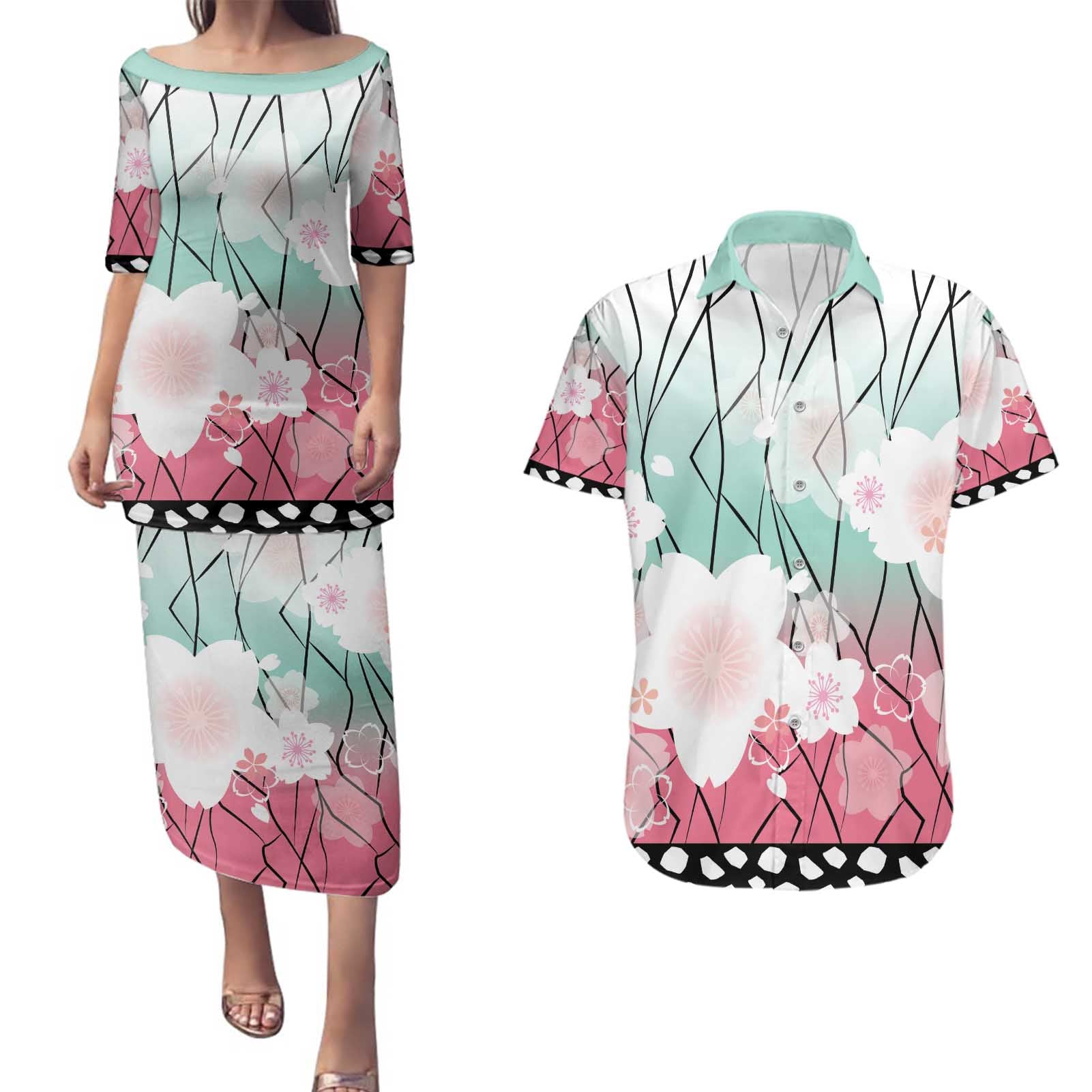 Japanese Kocho Pattern Couples Matching Puletasi and Hawaiian Shirt Insect Pillar Butterfly Flower Fairy - Polynesian Pride