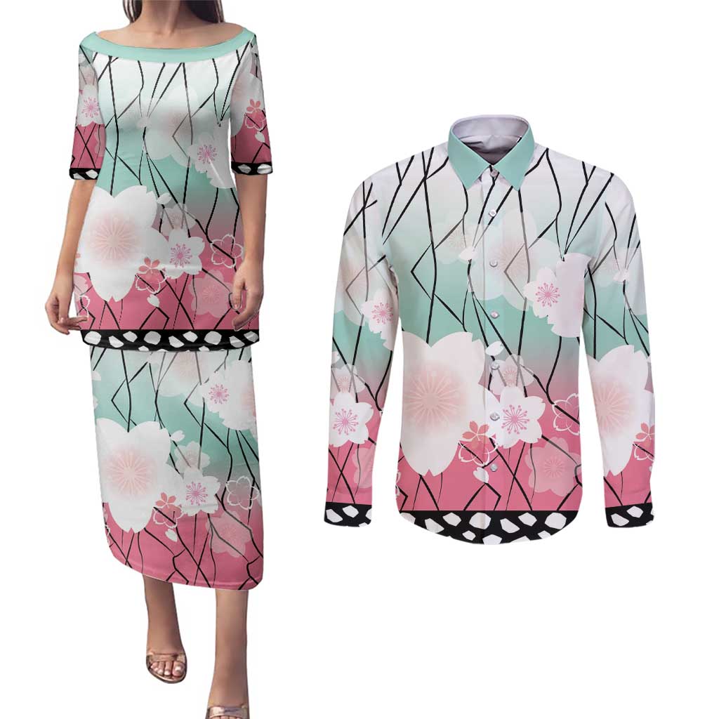 Japanese Kocho Pattern Couples Matching Puletasi and Long Sleeve Button Shirt Insect Pillar Butterfly Flower Fairy LT9 Pink - Polynesian Pride