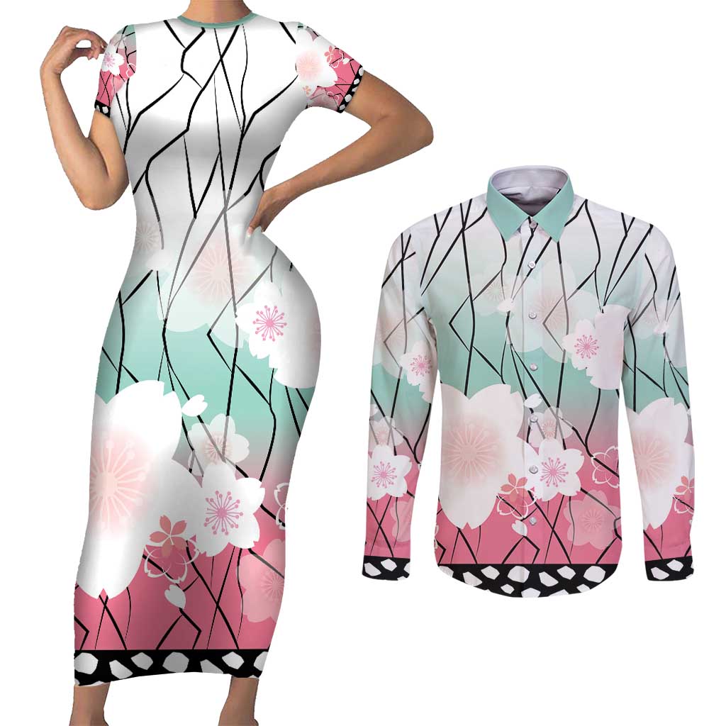 Japanese Kocho Pattern Couples Matching Short Sleeve Bodycon Dress and Long Sleeve Button Shirt Insect Pillar Butterfly Flower Fairy LT9 Pink - Polynesian Pride