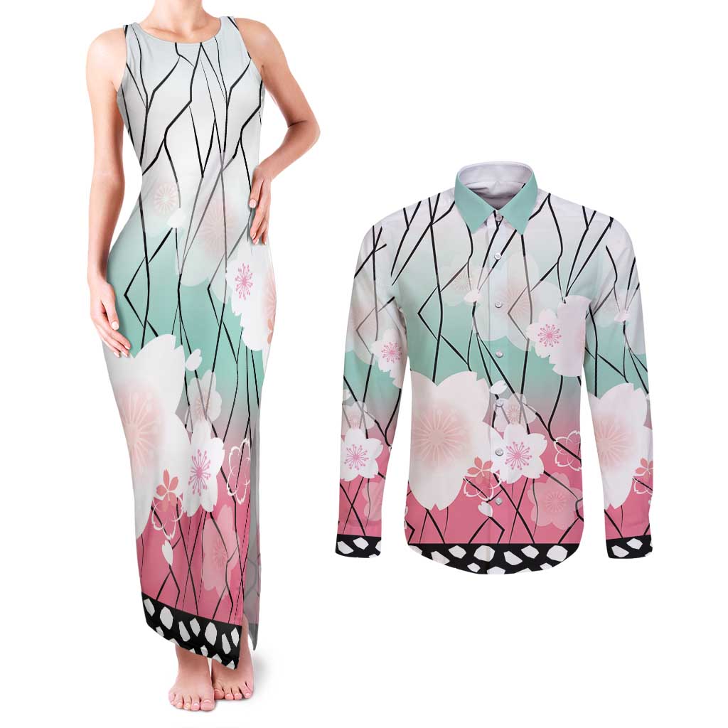 Japanese Kocho Pattern Couples Matching Tank Maxi Dress and Long Sleeve Button Shirt Insect Pillar Butterfly Flower Fairy LT9 Pink - Polynesian Pride
